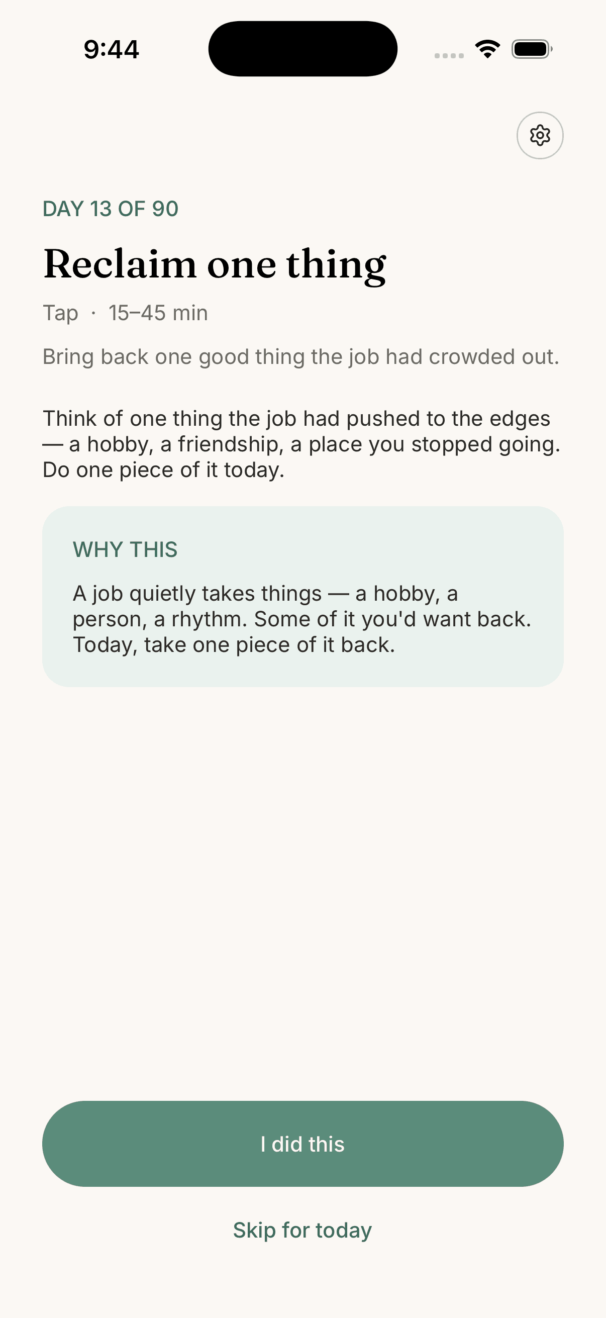Footing daily task screen showing Day 13: Reclaim one thing